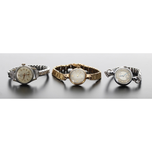414 - Eska 18ct lady's wristwatch, 18ct bracelet, 30gm, 22mm, spare links; also Accurist and Selza ladies ... 