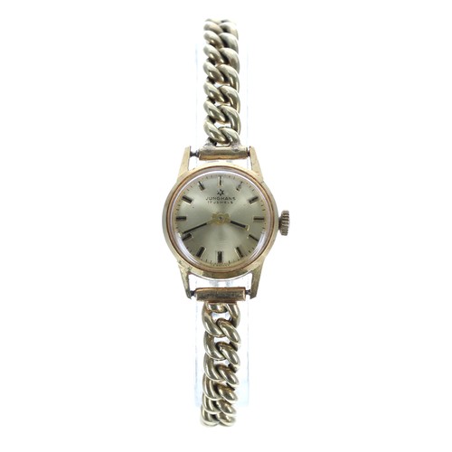 421 - Junghans gold plated and stainless steel lady's wristwatch, 17 jewel, 20mm, later 14ct curb link bra... 
