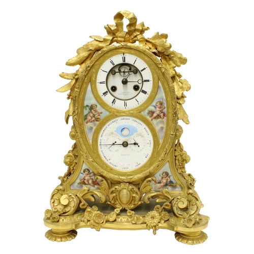 Fine French ormolu and porcelain mounted two train calendar clock, the 4" white chapter ring enclosing a recessed visible escapement and signed Le Roy & Fils, Pals.Ral.Cie. Montpensier 13-15, Paris over a calendar dial with month chapter ring enclosing subsidiary days of the week and days of the month dials under a moon phase aperture, within an oval rococo style floral mounted case with cherub porcelain panels, 17" high (pendulum and key)