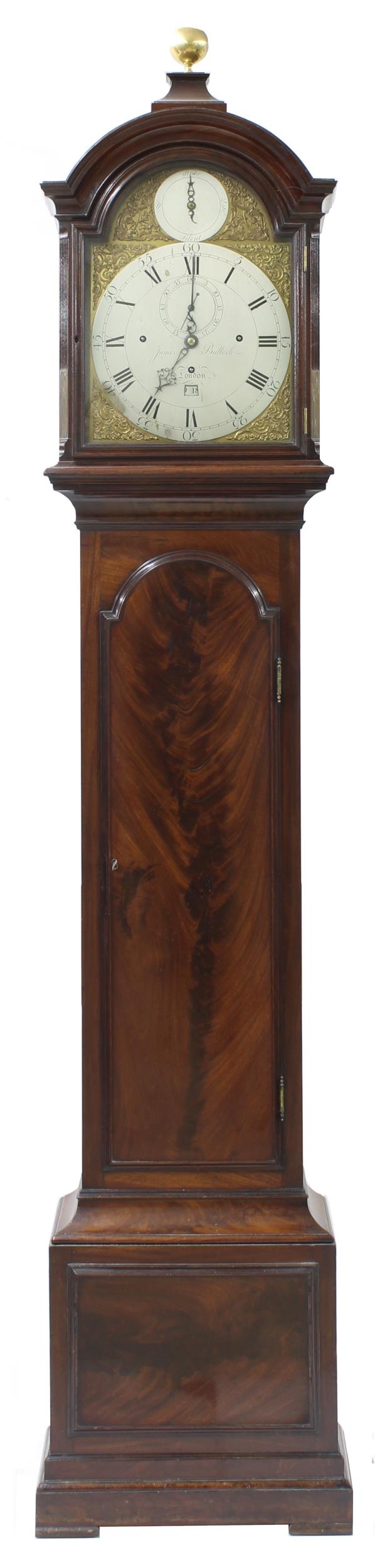Fine English Flame Mahogany Three Train Longcase Clock With 6 pillar 