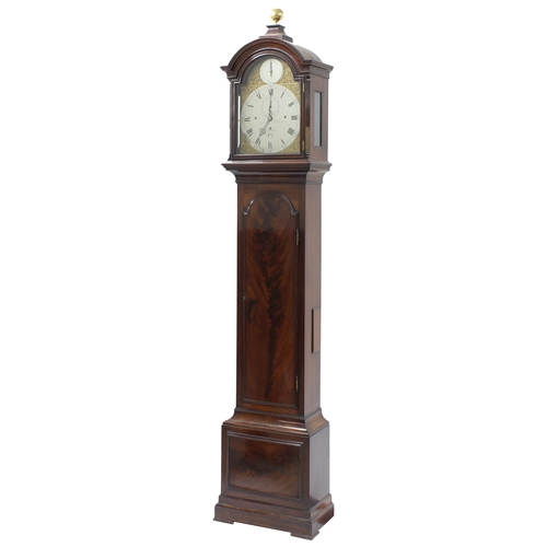 1848 - Fine English flame mahogany three train longcase clock with 6-pillar movement, the 12