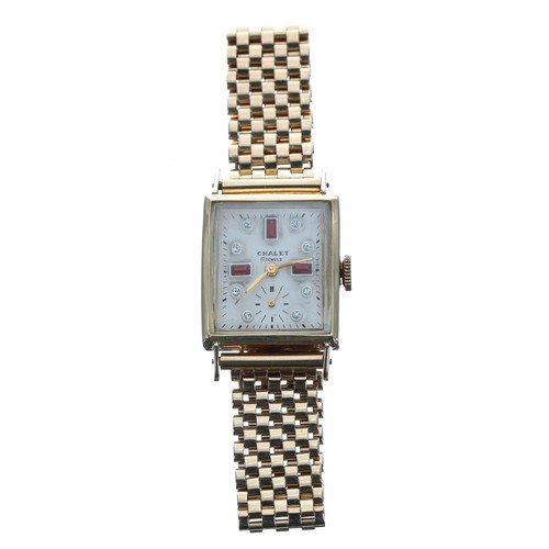 437 - 14k gem set wristwatch, rectangular silvered gem set dial signed Chalet with subsidiary seconds, 17 ... 