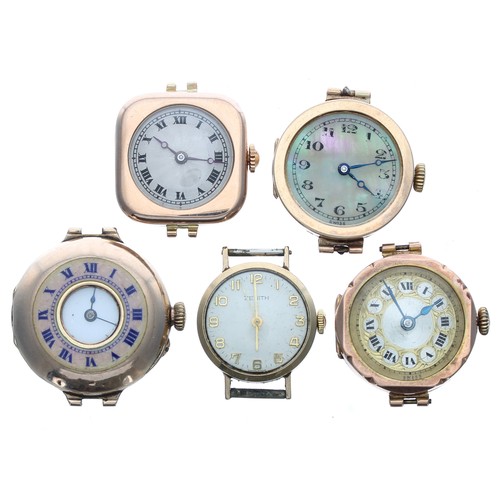 438 - Five assorted 9ct lady's wristwatch heads, 69.7gm in total (5)