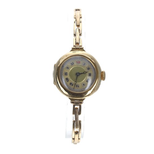 439 - 18ct lady's wristwatch, import hallmarks Edinburgh 1924, gilt Roman numeral dial, gilt 17 jewel move... 