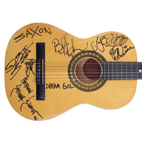 549 - Saxon - autographed Encore nylon string guitar signed by members of Saxon to the front... 