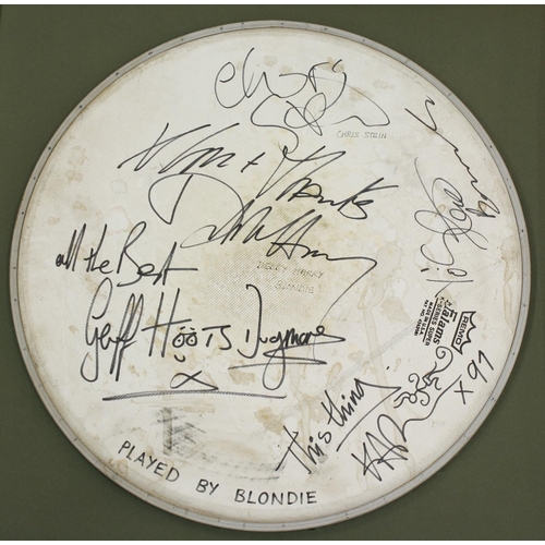 554 - Blondie - used and autographed Remo Falams Super Series snare drum skin, signed by Blondie, bearing ... 