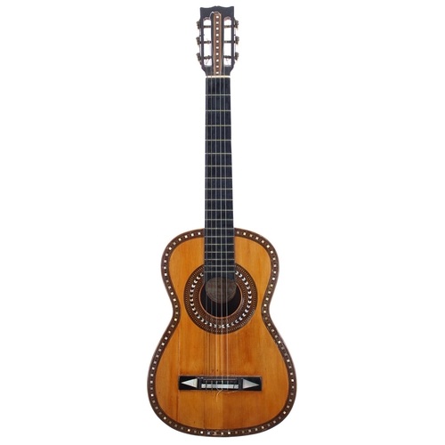 1204 - 19th century small scale classical guitar labelled Andres Horjales y Hijo, Calle Vieja, Madrid...; B... 