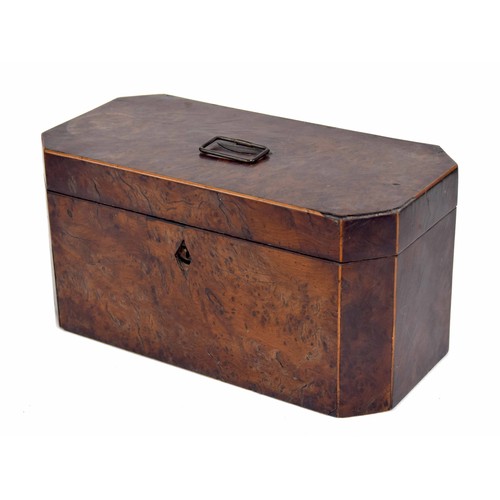 551 - Georgian yew wood rectangular canted tea caddy with boxwood banding, the hinged cover enclosing a di... 