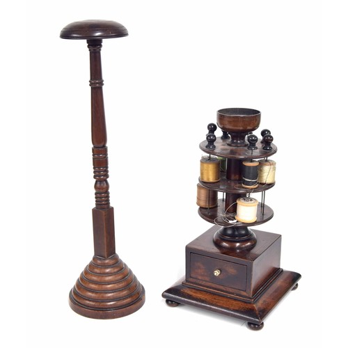 553 - Victorian mahogany sewing spool holder, the rotating multi spool holder over a single drawer base, 1... 