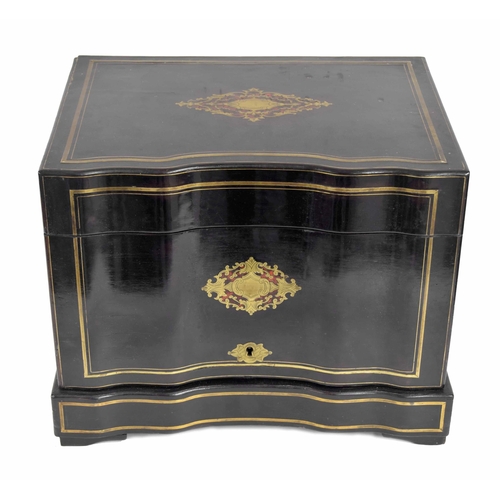 554 - French 19th century ebonised and brass inlaid liqueur decanter box, the hinged cover and sides enclo... 