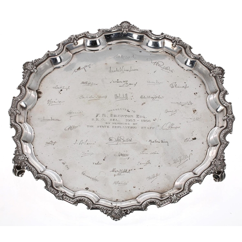 507 - J B Chatterley & Sons Ltd. circular silver salver, with moulded pie crust rim, raised on three f... 