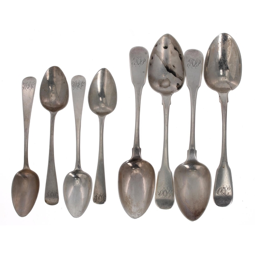 516 - Four George IV silver dessert spoons, maker Isaac Parkin, 1825, monogrammed handles, 6.75