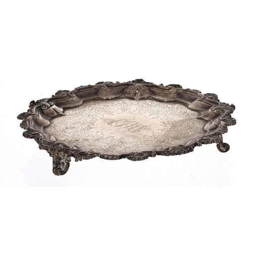 526 - Victorian circular silver card tray, with engraved monogram and foliate decoration to the centre wit... 