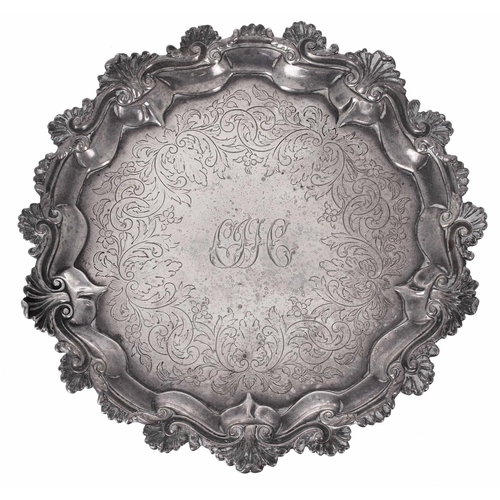 526 - Victorian circular silver card tray, with engraved monogram and foliate decoration to the centre wit... 