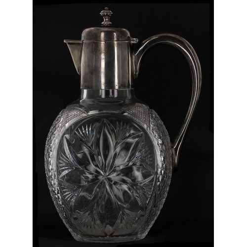 503 - Edward VII silver mounted cut glass claret jug, with a hinged cover inscribed 'X266 A7756 5.40oz' to... 