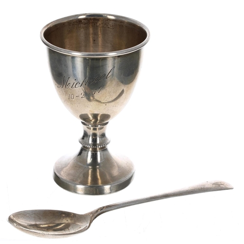 531 - F H Adams & Holman silver christening egg cup and spoon in case, inscribed 'Michael 10-2-57', Sh... 
