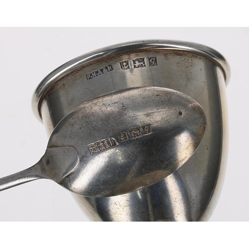 531 - F H Adams & Holman silver christening egg cup and spoon in case, inscribed 'Michael 10-2-57', Sh... 