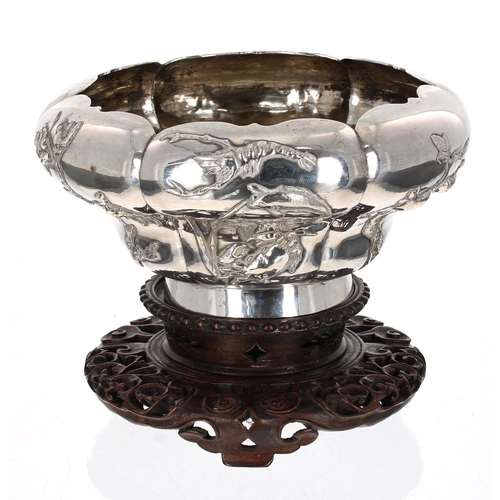 538 - Chinese silver pot pourri lobed bowl, decorated with plants, birds and fish panels, bearing presenta... 