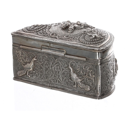 539 - Indian/Burmese silver repousse decorated crescent box, the hinged cover with seated figures and bird... 