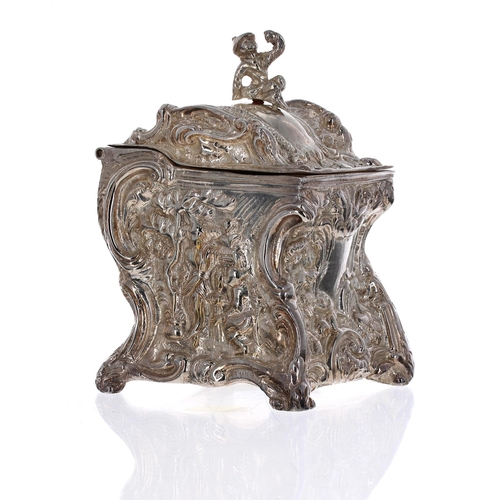 541 - Vanbergh S Plate Co silver plated repousse tea caddy, with Chinese figural panelled sides and hinged... 