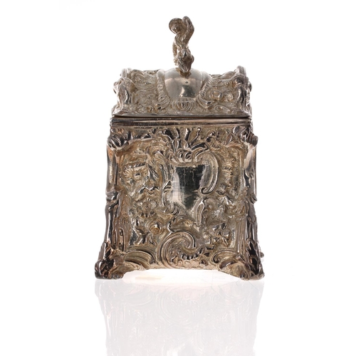 541 - Vanbergh S Plate Co silver plated repousse tea caddy, with Chinese figural panelled sides and hinged... 