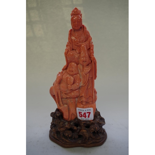 547 - A Chinese carved coral figure group of Guanyin, Qing, Signed, well carved, 19cm high, on a good carv... 