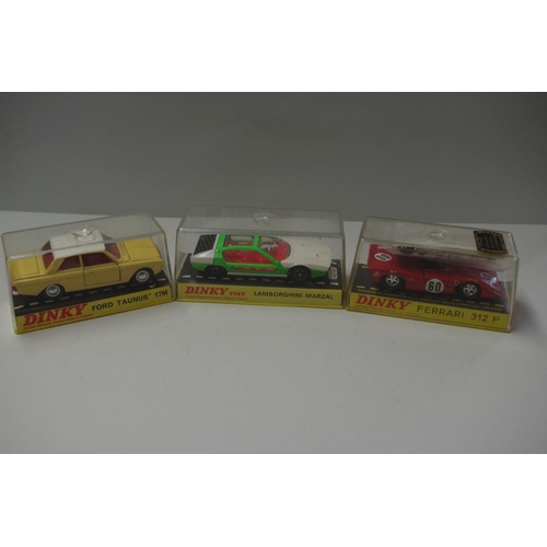 1696 - Three Dinky Toys, comprising: Ferrari 312P, No.1432; Lamborghini, No.189; Ford Taunus 17M, No.154; a... 