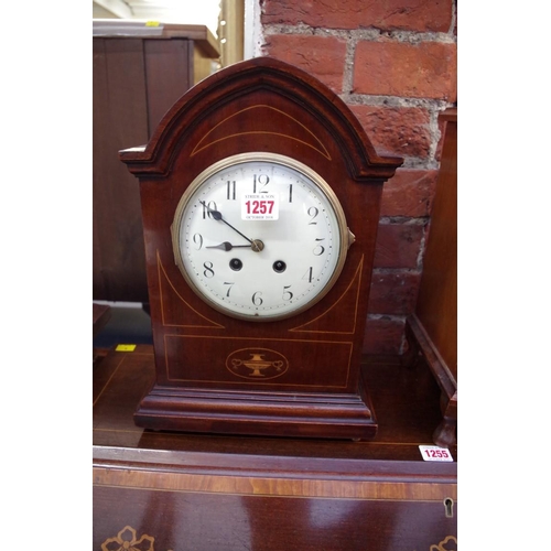 1257 - An circa 1900 mahogany and inlaid mantel clock, 37cm high. 