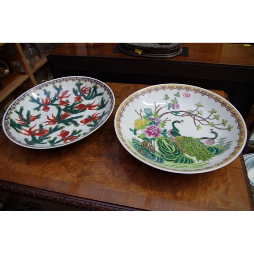 1332 - Two Chinese large circular dishes, largest 37cm diameter.