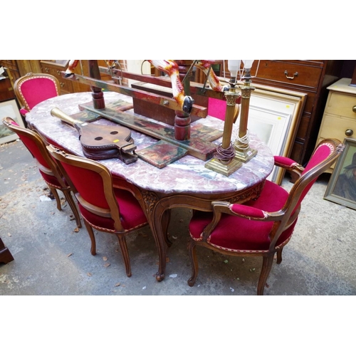 1386 - A Louis XV style carved walnut and Breccia marble dining table, 206cm long; together with a set of e... 