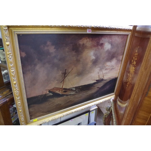 1442 - English School, 19th century, a sinking ship, oil on canvas, 55 x 79cm.