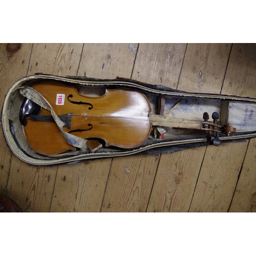 1926 - An antique Continental violin, with 14in back, (a.f.), with case and bow.