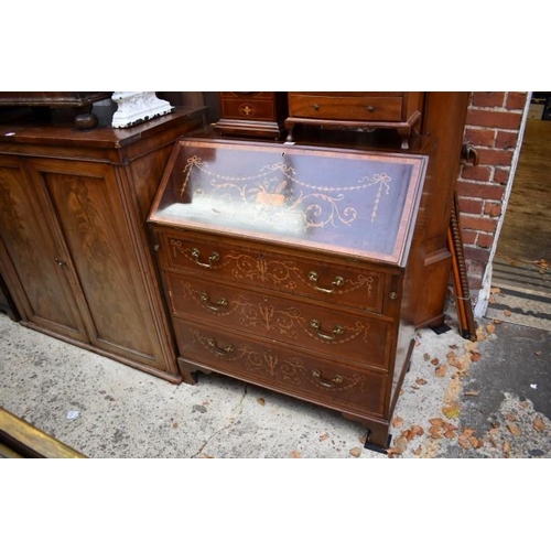 1255 - A late Victorian mahogany and marquetry bureau, 84cm wide.