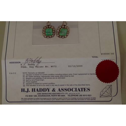 96 - A good pair of 19th century emerald and diamond earrings, circa 1820, each emerald set in unmarked 1... 