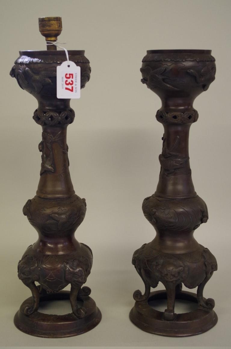 A pair of Japanese bronze table lamps,