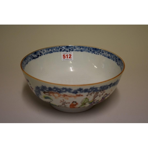 512 - A Chinese famille rose bowl, Qing, painted with panels of figures in gardens, 23.5cm diameter.... 