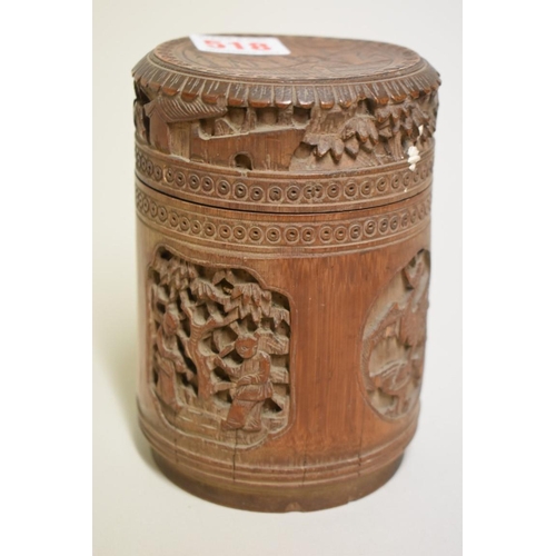 518 - A Chinese carved bamboo jar and cover, 14.5cm high; together with a Chinese hardwood and brass caske... 