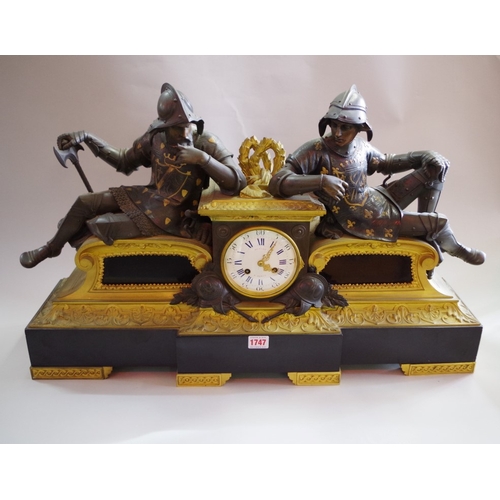 1747 - A large and impressive Napoleon III bronze, ormolu and slate figural mantel clock, the 4in circular ... 
