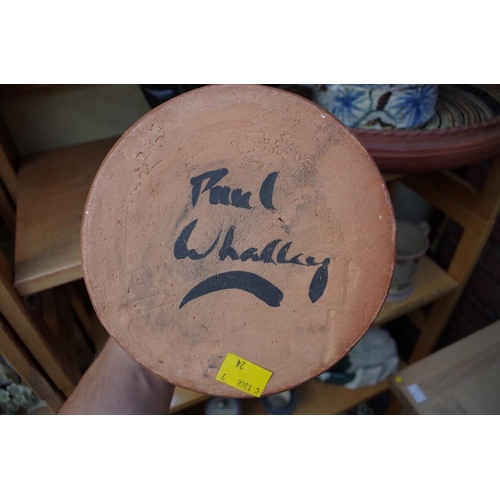 1013 - Studio Pottery: three Paul Whalley items, largest 39cm diameter; together with a soapstone figure gr... 