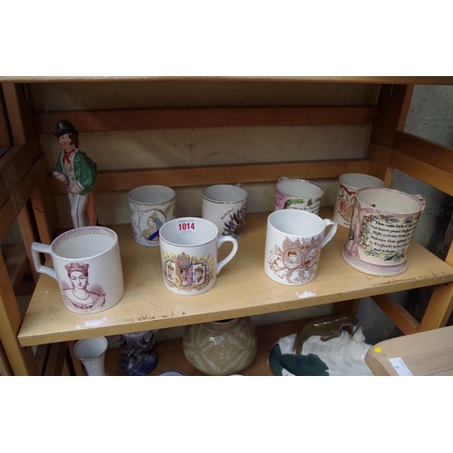 1014 - A group of 19th century and later pottery, to include: a Sunderland lustre frog mug; a Queen Victori... 