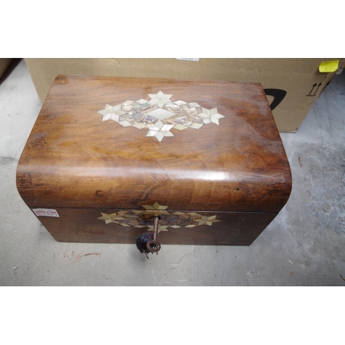 1108 - A Victorian ash and parquetry sewing box, 30cm wide; together with another walnut and shell inlaid e... 