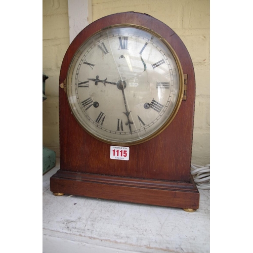 1115 - An Edwardian mahogany and inlaid dome top mantel clock, 29.5cm high; together with an oak aneroid wh... 