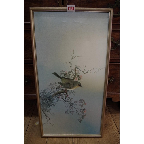 1133 - * Mai, (Chinese School), a bird on a flowering branch, signed, oil on canvas, 57.5 x 29.5cm.... 