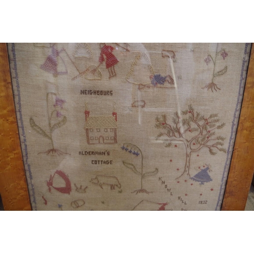 1140 - A 1932 needlework sampler, inscribed 'Alderman's Cottage, Knowl Hill' (Reading), 59 x 74cm, in a bir... 