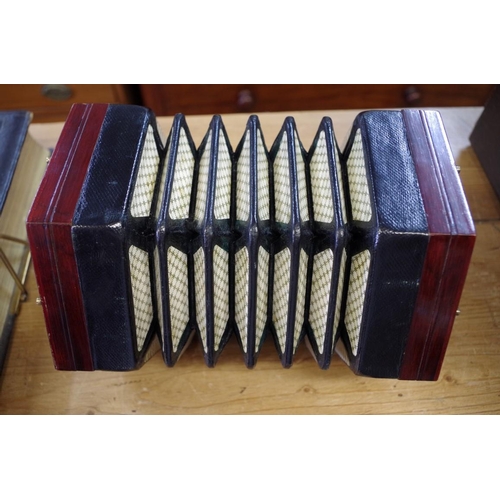 1210 - A good 19th century rosewood concertina, labelled 'Lachenal & Co', and numbered 41469, in mahoga... 