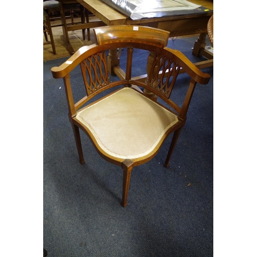 1403 - A pair of Edwardian mahogany and inlaid corner salon chairs; together with a similar Sutherland tabl... 