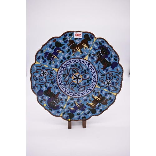 602 - A Chinese cloisonne enamel footed charger, of shaped outline, 39cm diameter.