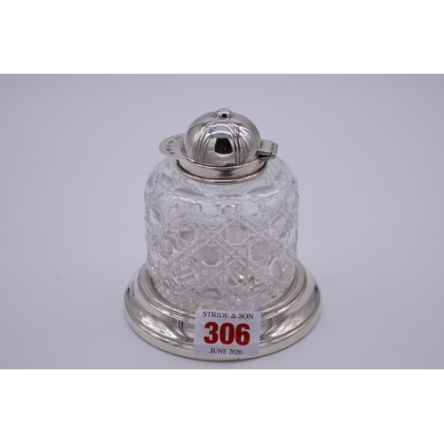 306 - A silver mounted cut glass inkwell having jockey's cap lid, by Laurence R Watson & Co, Sheffield... 