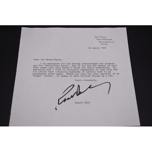 10 - DAHL (Roald): TLS to Jon Wynne-Tyson dated 7th March 1989, boldly signed in black marker, heade... 