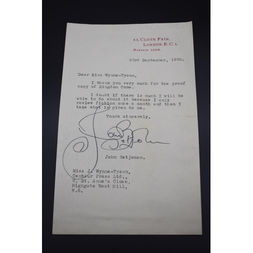 4 - BETJEMAN (Sir John):  boldly signed TLS to Miss Wynne-Tyson, 23rd Sep 1958, thanking her 'very much ... 